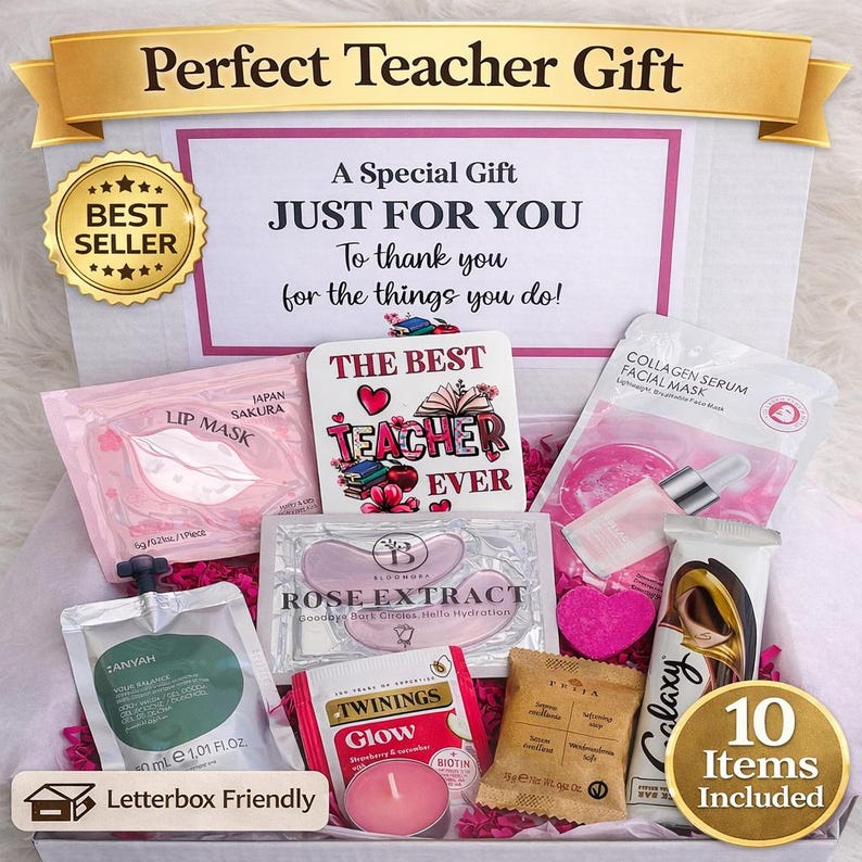 May include: A gift box labeled "Perfect Teacher Gift" containing beauty products. Items include lip masks, eye patches, a facial mask, a candle, and a heart-shaped item. The box includes a card that says "The Best Teacher Ever."