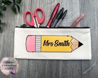 Personalised Teacher Pencil Case: Rainbow Pencil Design, Linen Pouch