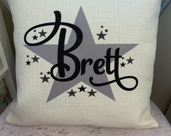 Personalised name Cushion grey black star design boy girl  Free Delivery 40 x 40 cm Silky Feel