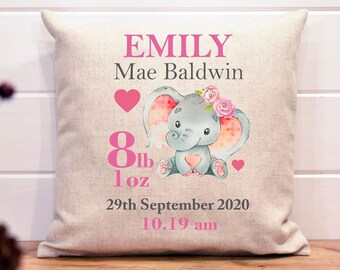 Personalised Baby Girl Elephant Cushion: Keepsake Birth Details Gift New baby gift