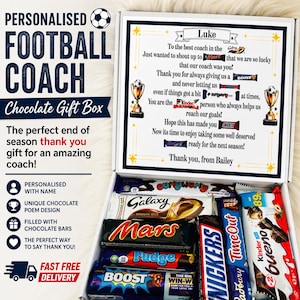 May include: A personalised football coach chocolate gift box filled with chocolate bars. The box has text that reads "Thank you" and "The perfect end of season gift". The box includes a personalized message for the coach.