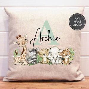 New Baby Cushion, Sage green jungle Personalised Welcome To The World Cushion, New Baby Boy Girl Gift, Safari Cushion, jungle nursery