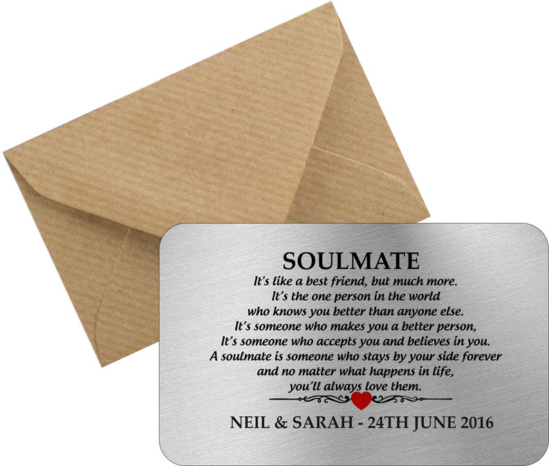 Personalised soulmate, valentines gift wedding, romantic, anniversary, birthday, gift, boyfriend, girlfriend, metal wallet card Landscape