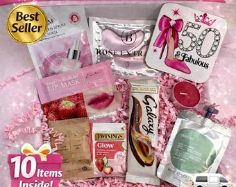 Regalo personalizado para el 50 cumpleaños de mamá o mejor amiga, caja de mimos, cesta de cumpleaños "50 y fabulosa" para ella.