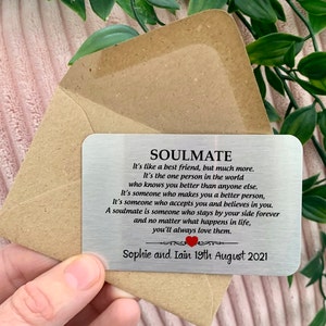 Personalised soulmate, valentines gift wedding, romantic, anniversary, birthday, gift, boyfriend, girlfriend, metal wallet card image 1