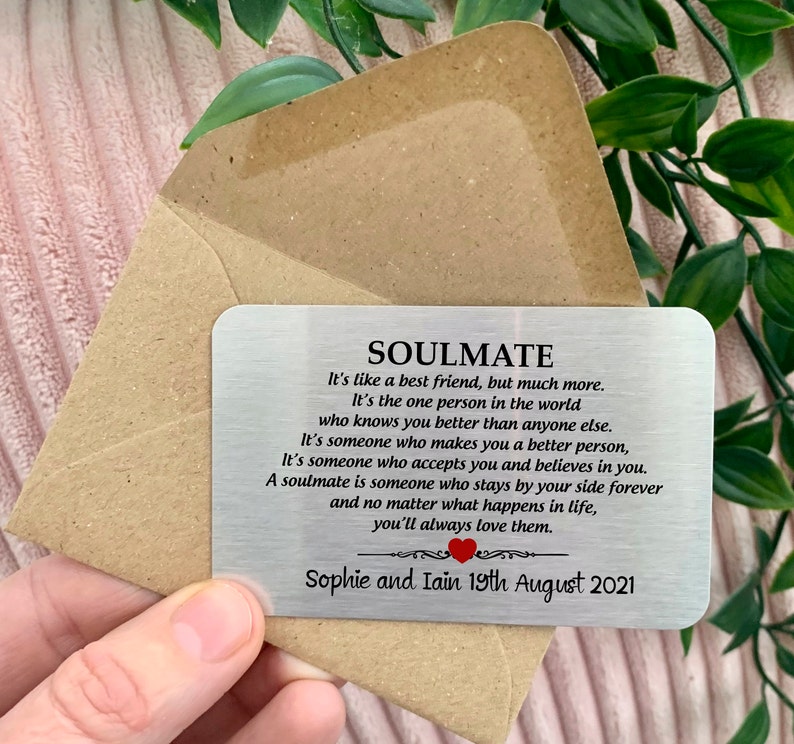 Personalised soulmate, valentines gift wedding, romantic, anniversary, birthday, gift, boyfriend, girlfriend, metal wallet card image 1