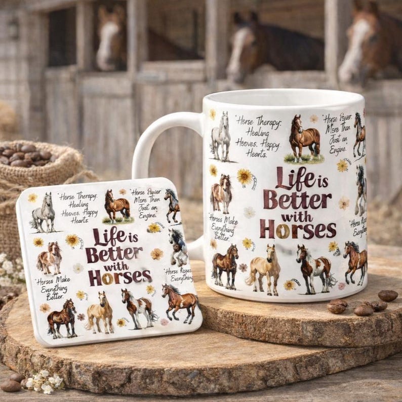Horse Lover Mug, Life Is Better With Horses Mug, Equestrian Gift, Horse Riding Gift, Horse Girl Gift, Horse Owner Gift, Horse Coffee Cup mug and coaster