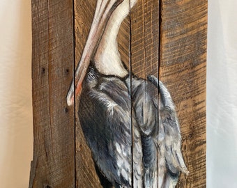 Rustic Gray Pelican on barn wood.