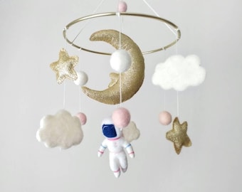 Girl space mobile Felt cloud mobile nursery Spaceman baby mobile moon Astronaut crib mobile hanging Star cot girl mobile pastel