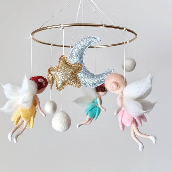 Girl space mobile crib Felt fairy mobile nursery Angel mobile Silver moon gold star baby mobile Pastel theme kids room