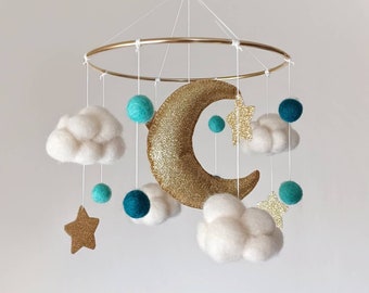 Cloud mobile nursery Space mobile crib Boy baby mobile space theme decor Star moon mobile Felt neutral mint turquoise