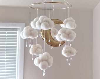 Cloud mobile nursery Space mobile crib Moon baby mobile boy Sky mobile neutral Felt rain clouds theme decor Girl cot mobile ceiling