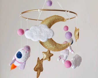 Space mobile nursery Cloud baby mobile girl Astronaut mobile crib Star moon mobile Felt rocket mobile hangning Celestial galaxy theme