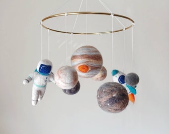 Jupiter with moons outer space mobile nursery Felt planets mobile crib Astronaut baby mobile boy Galaxy mobile neutral Rocket decor