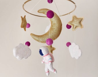 Space mobile girl Baby mobile nursery Felt astronaut mobile crib Star moon cloud mobile hanging Space theme baby shower gifts