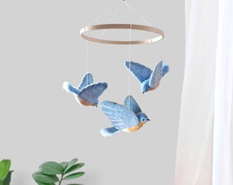 Bluebird baby mobile Birds mobile nursery Felted blue bird crib mobile neutral Farmhouse Nature bird nursery decor Baby shower gift