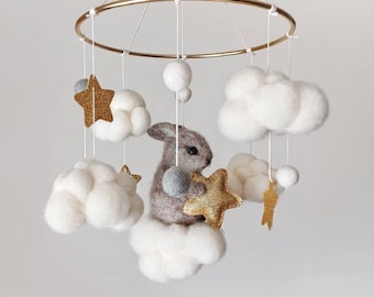 Cloud mobile nursery Felt bunny mobile Space mobile crib Sky baby mobile hanging Gold star neutral mobile boy Hare rabbit theme