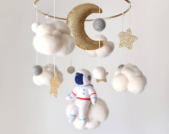 Space mobile nursery Baby boy astronaut mobile Felt cloud mobile crib Glitter star mobile Sky theme Spaceman mobile decor girl