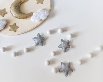 Space garland girl Silver star garland nursery Felt ball garland Pom pom Outer space garland Sky sparkle garland kids room decorations