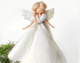 Christmas angel tree topper Silver needle felted angel doll Wool Christmas ornament Waldorf angel felt gift