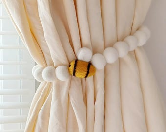 Bee curtain tie backs nursery Farmhouse curtain tiebacks Bumble bee curtain tie back Country rustic curtain holdback holder decor