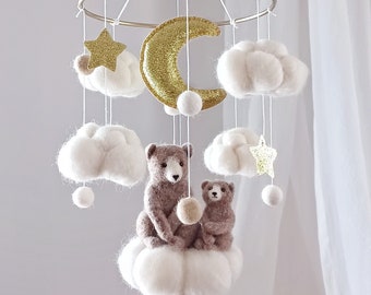 Bear mobile nursery Bear baby mobile boy Cloud mobile Bear crib mobile girl Space mobile Sky Gold star moon mobile Bear theme gift