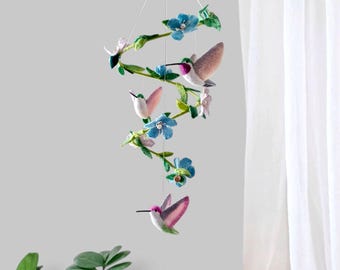 Hummingbird mobile Bird baby mobile girl Flower mobile nursery Nature crib mobile Floral wildflower mobile Tropical felt leaf garden decor