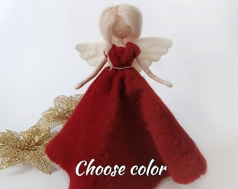 Christmas angel tree topper Burgundy needle felted angel doll Wool Christmas ornament Maroon Waldorf angel felt gift