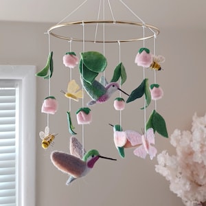 Hummingbird mobile nursery Bird mobile Felt flower crib mobile girl Rose nature baby mobile girl Tropical garden bee  butterfly decorations