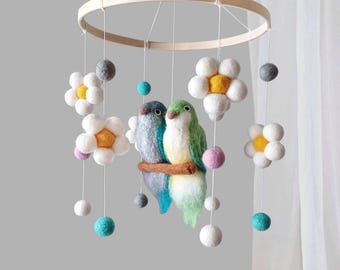 Parrot bird baby mobile girl Daisy flower mobile nursery Floral tropical mobile hanging Wildflower garden cot mobile ceiling Birds nursery
