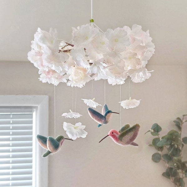 Hummingbird mobile Bird baby mobile girl Birds mobile for nursery Crib mobile girl Cherry blossom flower mobile Floral hanging decor