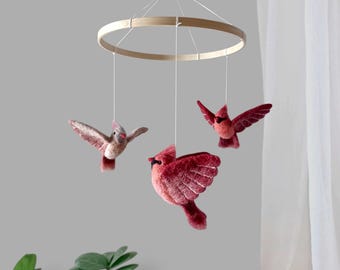 Cardinal bird baby mobile Realistic felted bird crib mobile for woodland nursery Handmade forest kids room decor Baby Shower Gift