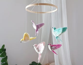 Bird mobile Girl baby mobile birds Flying swallow crib mobile Nature kinetic bird sculpture Woodland Statement decor Fiber art Baby gift