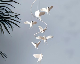 Flying bird mobile Kinetic baby mobile birds White hanging felted swallow Zen ceiling decor Japandi art sculpture installation