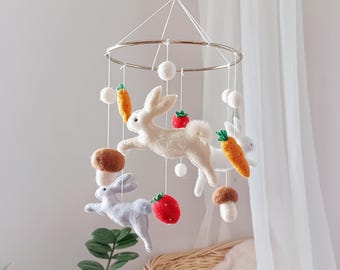 Rabbit mobile nursery Bunny mobile crib Storybook bunny baby mobile boy Garden animal mobile Vegetable mushroom woodland mobile fruit