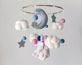 Space mobile nursery Cloud mobile Astronaut baby mobile girl Star moon sky mobile neutral Felt crib mobile hangning Celestial theme