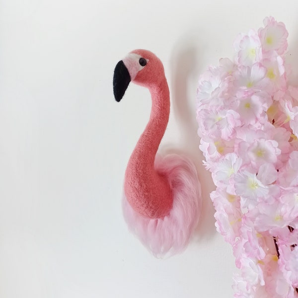 Flamingo head nursery decor Needle felted flamingo taxidermy wall mount Felt fax animal trofy