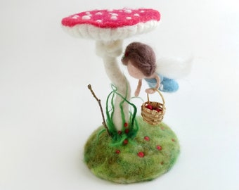 Needle felted fairy doll on mushroom Ooak fairy doll Waldorf fairy garden Wool woodland fairies Felt art doll Felt figurine amanita decor