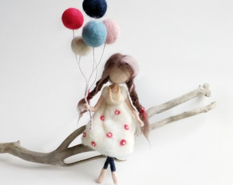 Needle Felted Doll With Balloons, Felted Fairy Mobile, Waldorf Fairy Doll, Wool Art Doll, Nursery Hanging Fairies, Felt Girl Figurines