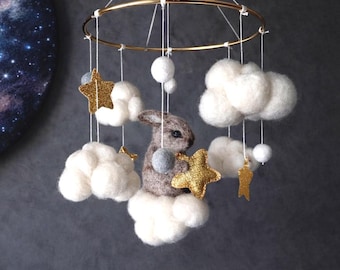 Cloud mobile nursery Felt bunny mobile Space mobile crib Sky baby mobile hanging Gold star neutral mobile boy Hare rabbit theme