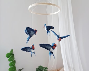 Bird mobile Farmhouse baby mobile birds Felted swallow mobile for nursery Birds baby mobile hanging ceiling girl Girl crib mobile Baby gift