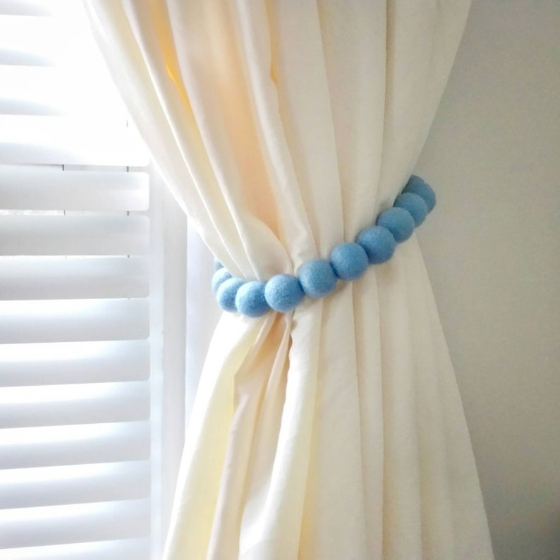 Blue curtain tie backs nursery Boy curtain tiebacks Pom pom Etsy