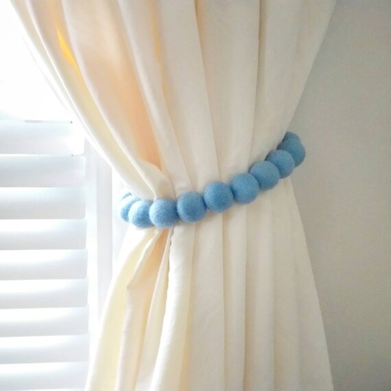 Blue curtain tie backs nursery Boy curtain tiebacks Pom pom Etsy