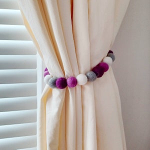 Curtain tie backs purple and gray Curtain tieback girl bedroom Pom pom curtain tie back kids room accent Felt ball tie backs nursery decor