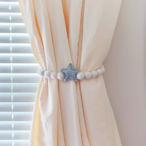 Space curtain tie Nursery curtain holdback Boy childrens curtain tiebacks Galaxy felt ball curtain holder Star curtains Girl kids room decor