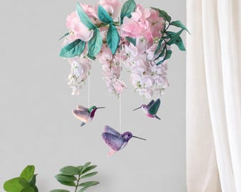 Hummingbird mobile Bird baby mobile girl Wisteria flower mobile nursery Floral crib mobile Nature garden nursery decor