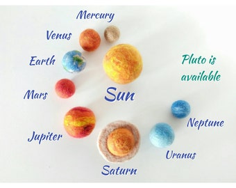 Solar system set Needle felt planets Montessori science kits kids Learning toys boys Science outer space toys Educational wool planets gift