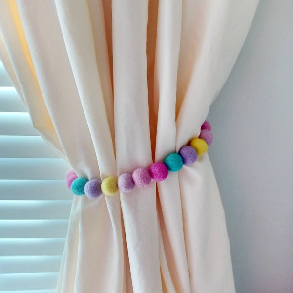 Girl Curtain tie backs Rainbow nursery curtain holdback Felt ball curtain ties Pom pom tiebacks Kids bedroom decor Beaded curtain hardware