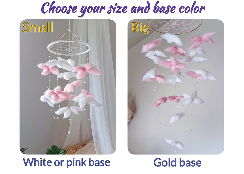 May include: Two hanging mobiles with white and pink fabric flower shapes suspended from circular frames. The text reads Choose your size and base color, Small, Big, White or pink base, and Gold base. The small mobile has a white frame, while the big mobile features a gold frame with white and pink floral elements.