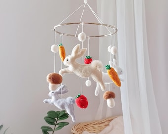 Rabbit mobile nursery Bunny mobile crib Storybook bunny baby mobile boy Garden animal mobile Vegetable mushroom woodland mobile fruit